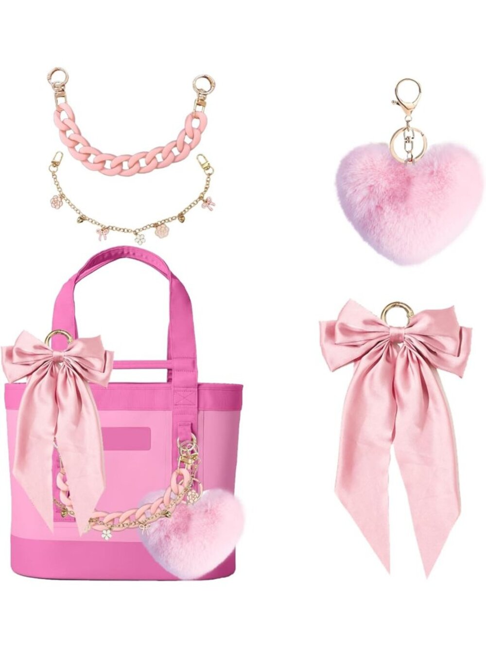 Satin Bow & Fluffy Ball Bag Charms for Tote Bags, Keychain Accessories for Women